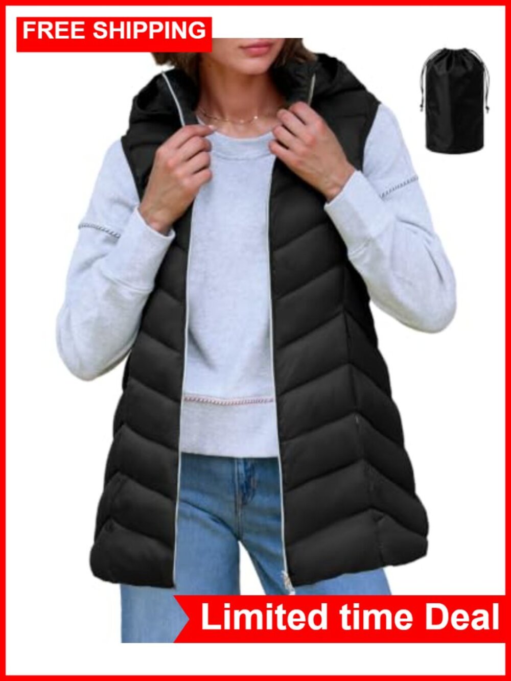 Hooded Long Puffer Vest Women Lightweight Packable Quilted Zip Up Fall Winter
